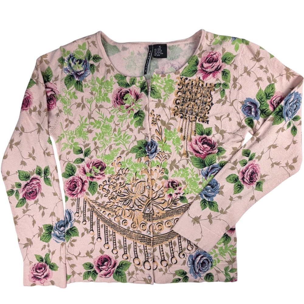 Charlotte Tarantola Floral Beaded Cardigan Pink Rose Knit Sweater XL EUC Retro